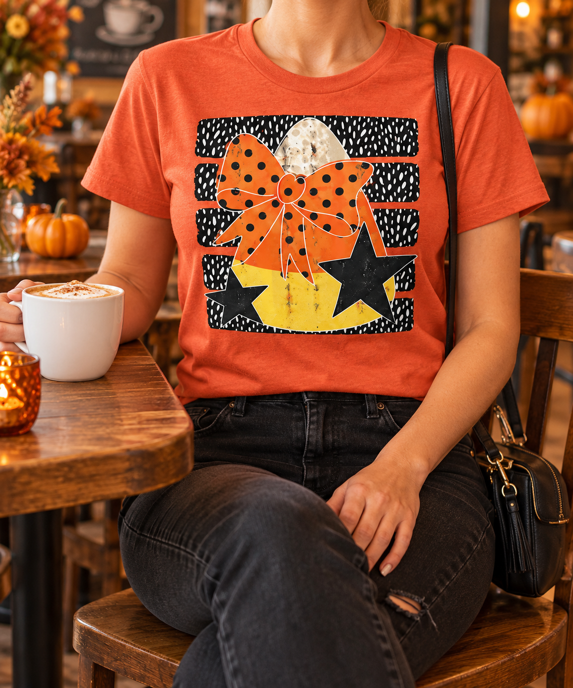 Candy Corn Bow modeled shirt, cropped below the face