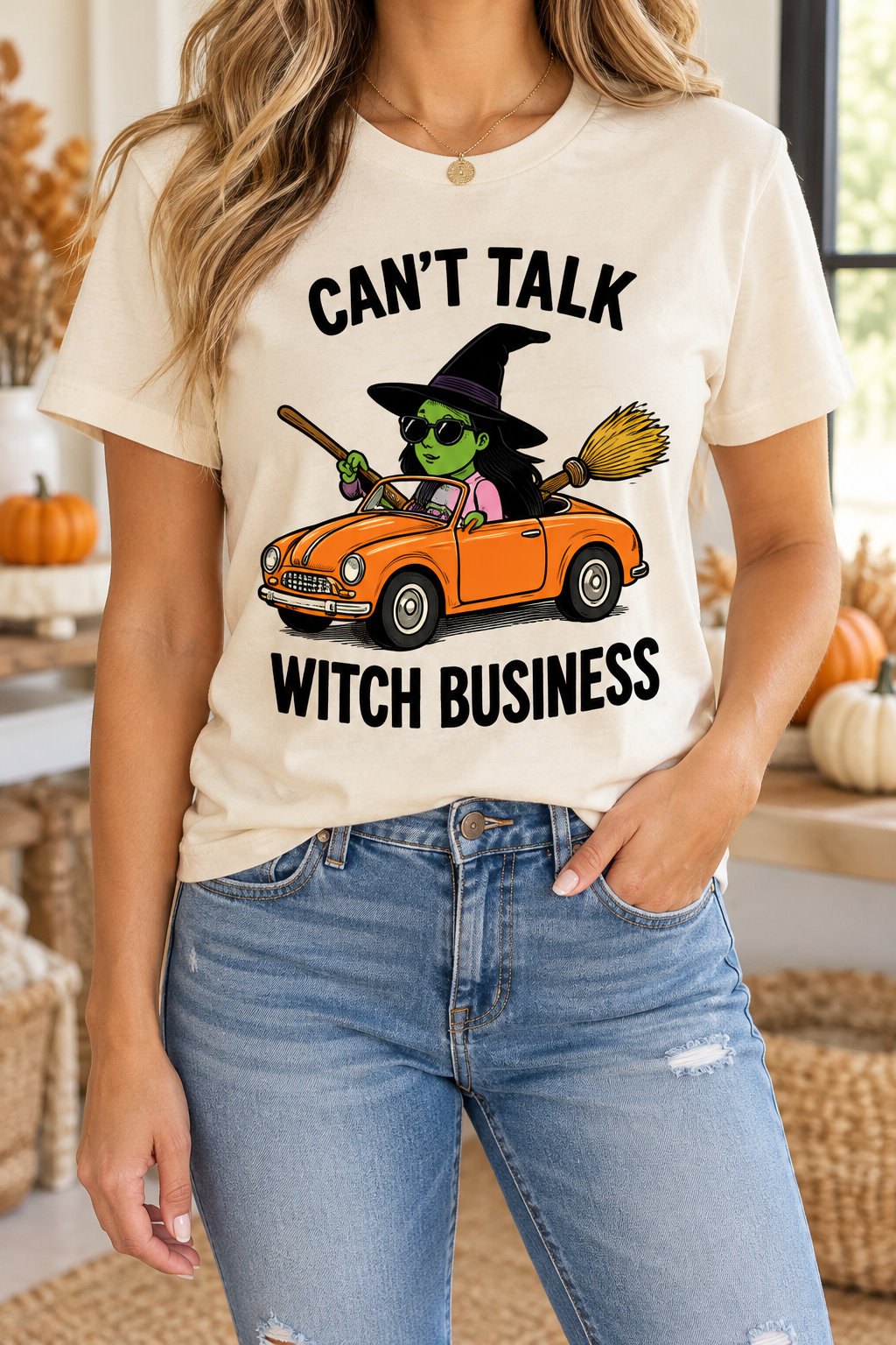Cannot Talk Witch Business modeled shirt, cropped below the face