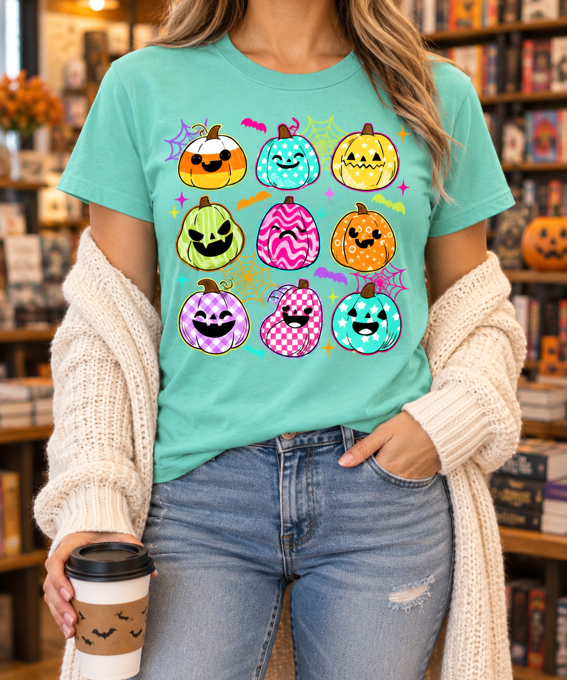 Colorful Pumpkin Grid modeled shirt, cropped below the face