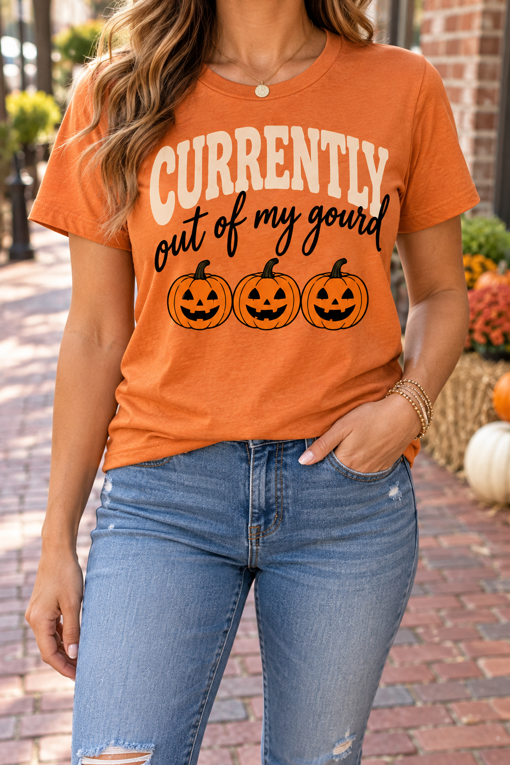 Currently Out of My Gourd modeled shirt, cropped below the face