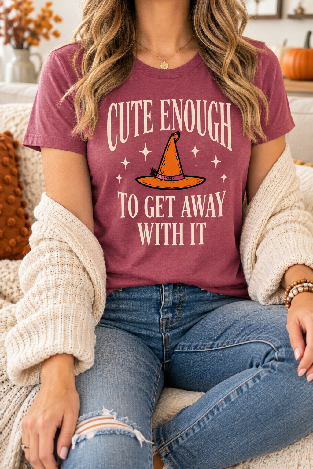 Cute Enough to Get Away with It modeled shirt, cropped below the face