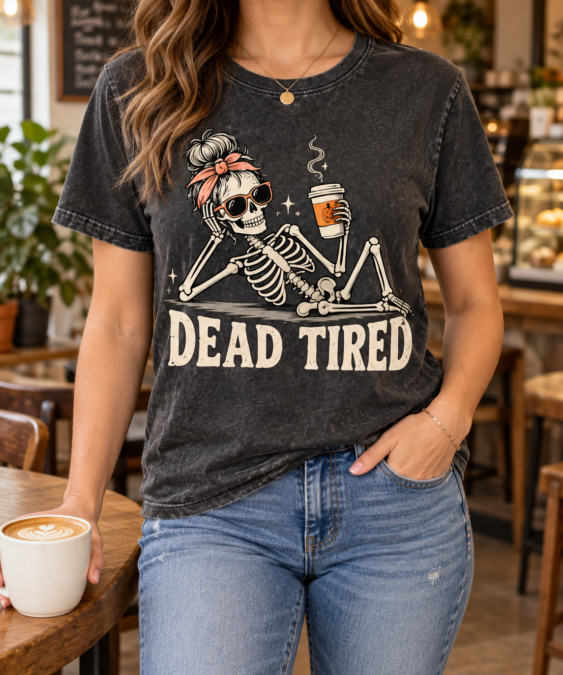 Dead Tired modeled shirt, cropped below the face