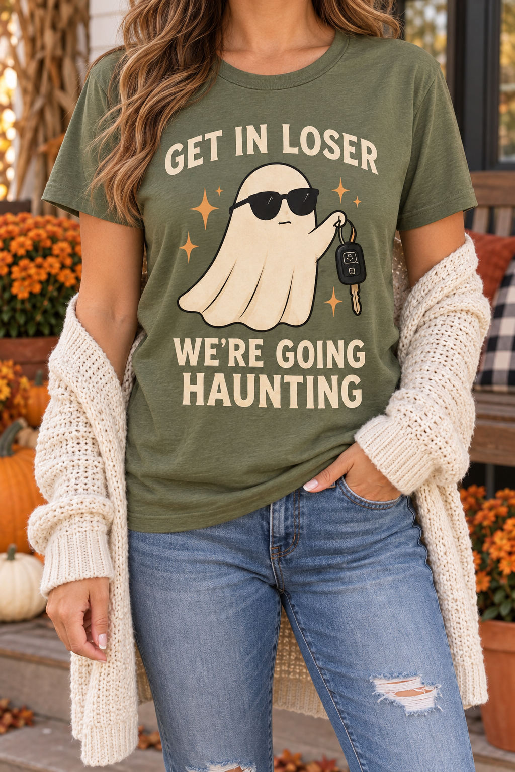 Get in Loser We Are Going Haunting modeled shirt, cropped below the face