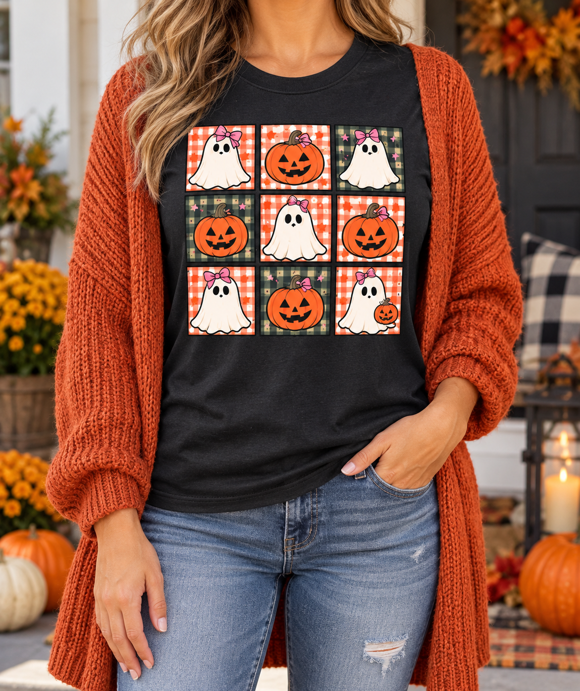 Ghost and Pumpkin Grid modeled shirt, cropped below the face