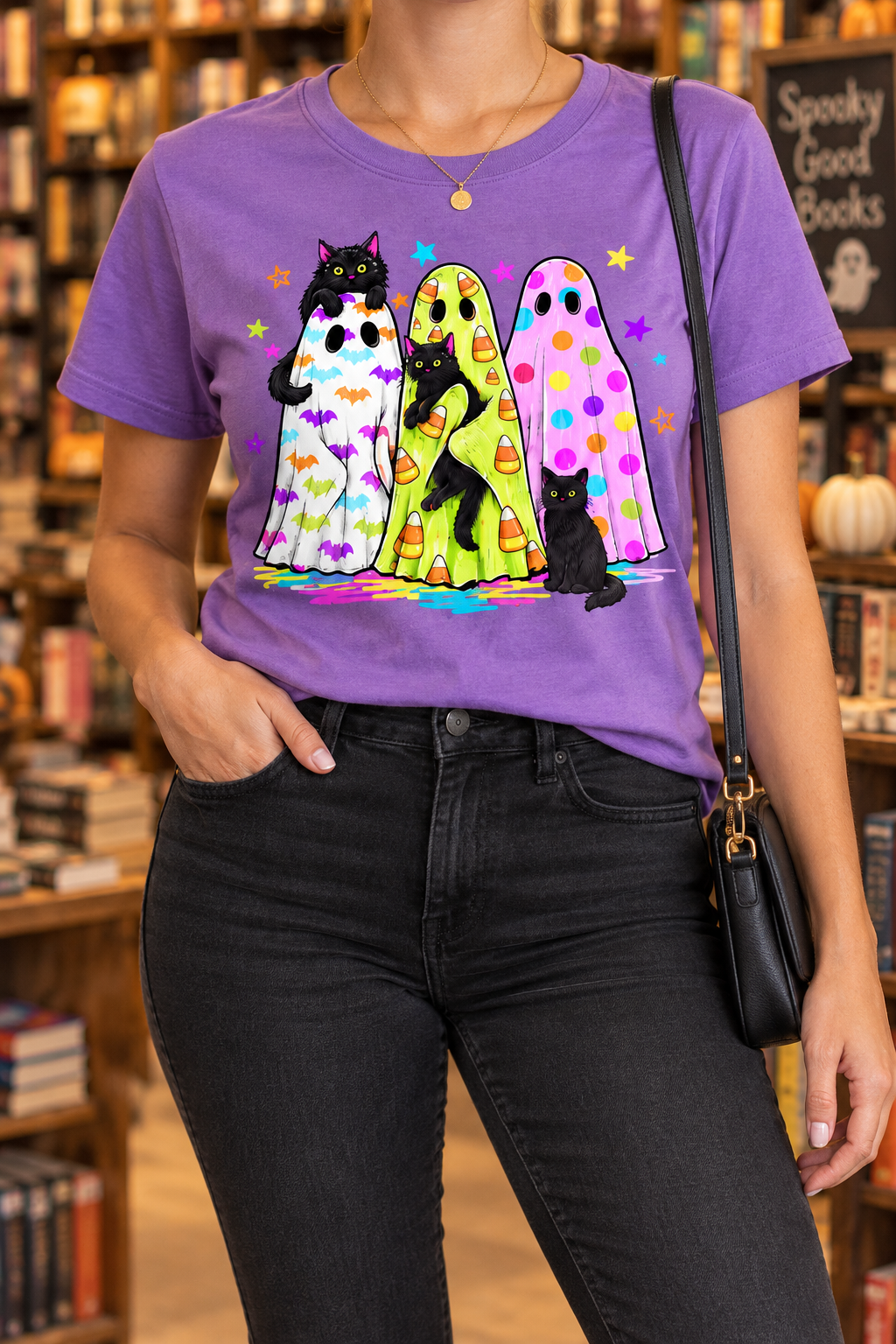 Ghost Cats modeled shirt, cropped below the face