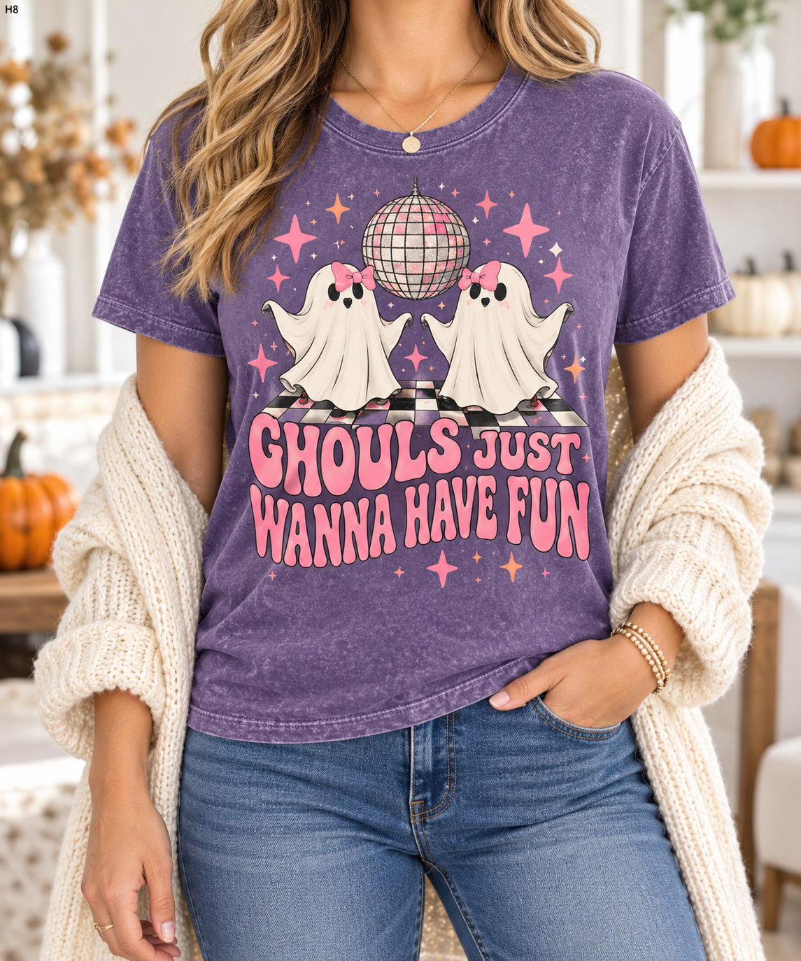 Ghouls Just Wanna Have Fun modeled shirt, cropped below the face