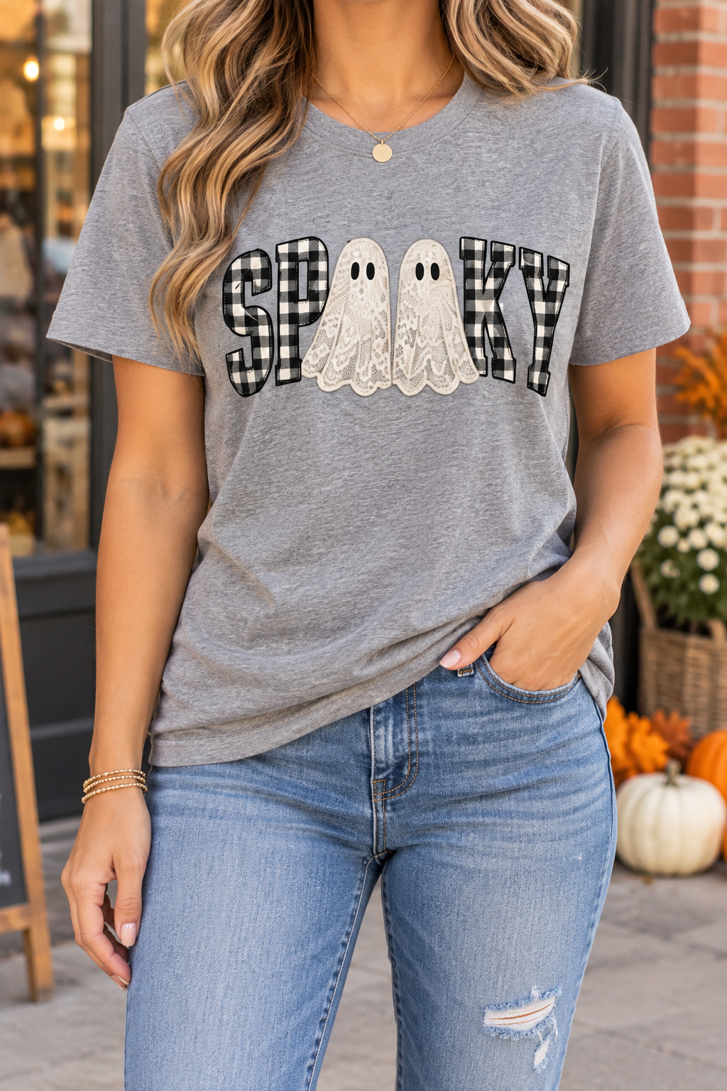 Gingham Spooky modeled shirt, cropped below the face