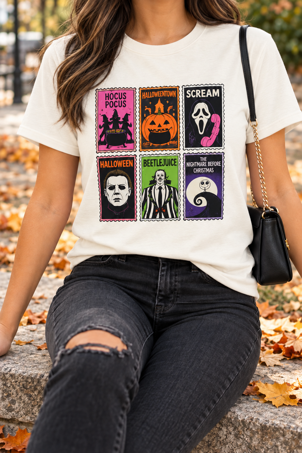 Halloween Movie Stamp Collage modeled shirt, cropped below the face