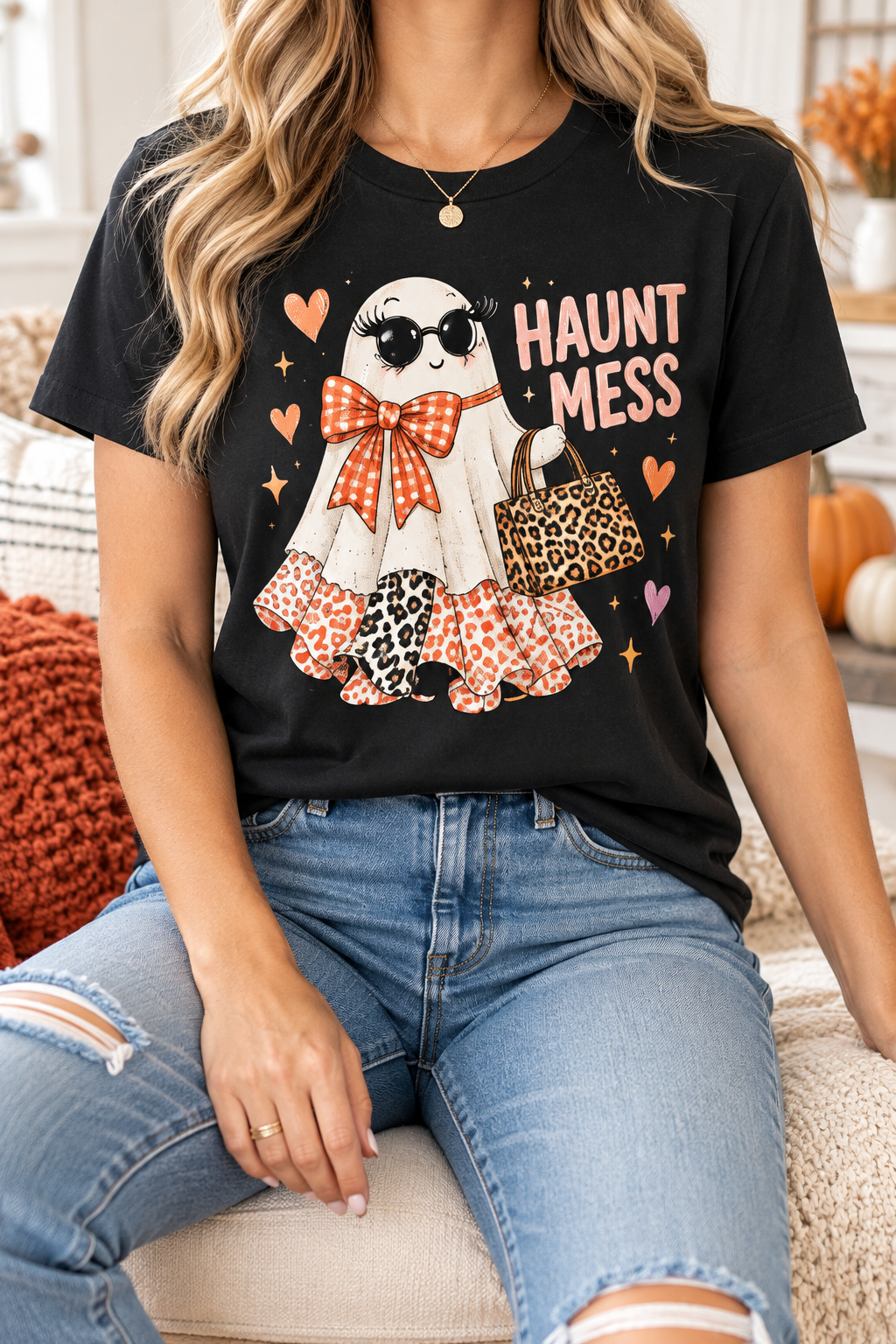 Haunt Mess modeled shirt, cropped below the face