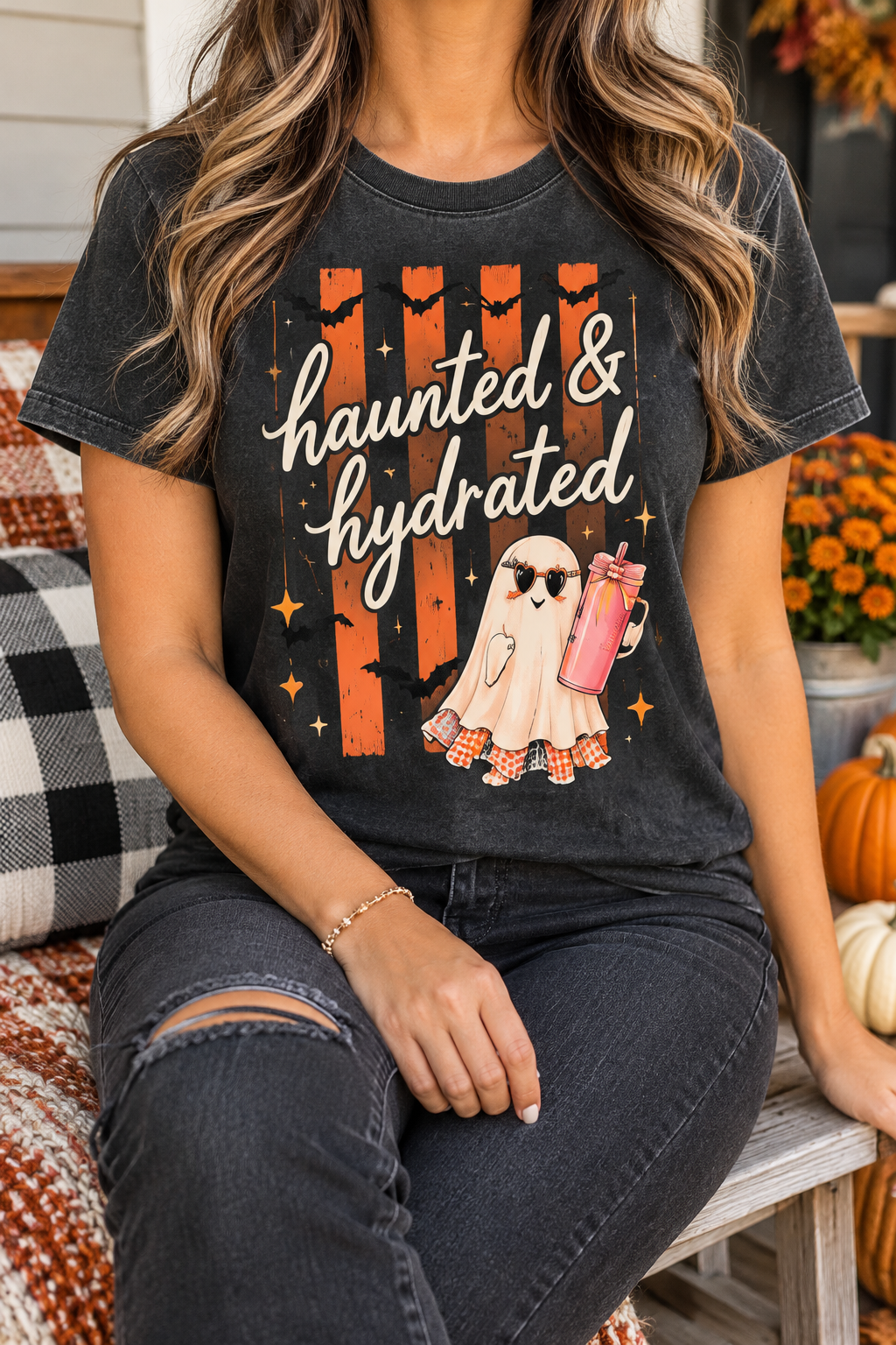 Haunted and Hydrated modeled shirt, cropped below the face