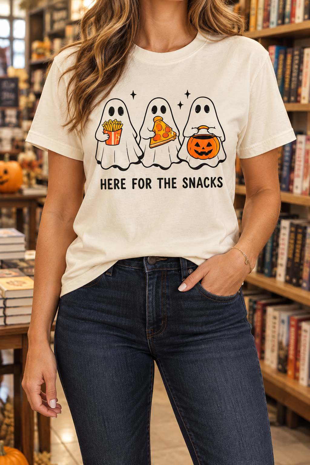 Here for the Snacks modeled shirt, cropped below the face
