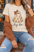 Hey Boo Floral Ghost modeled shirt, cropped below the face