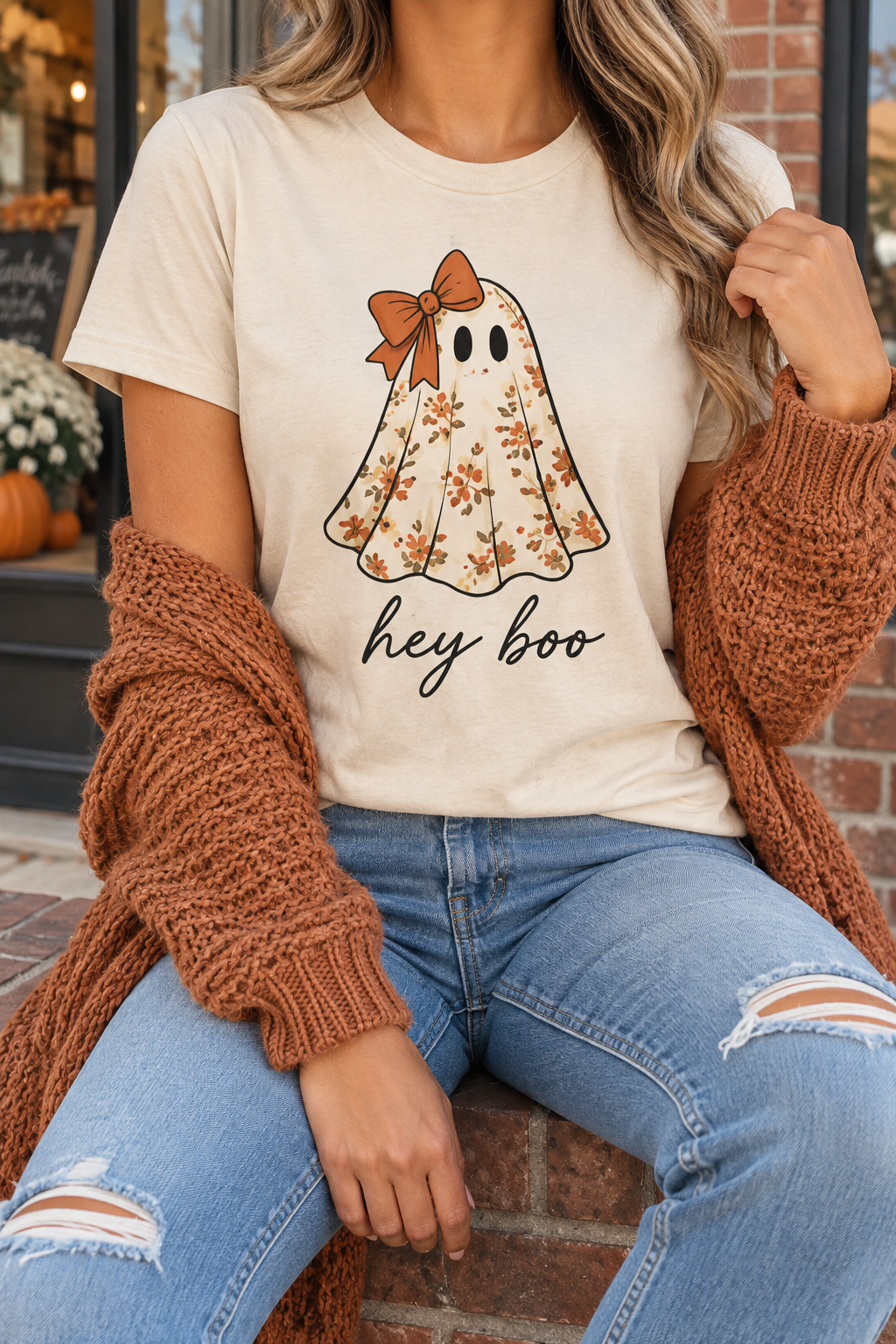 Hey Boo Floral Ghost modeled shirt, cropped below the face