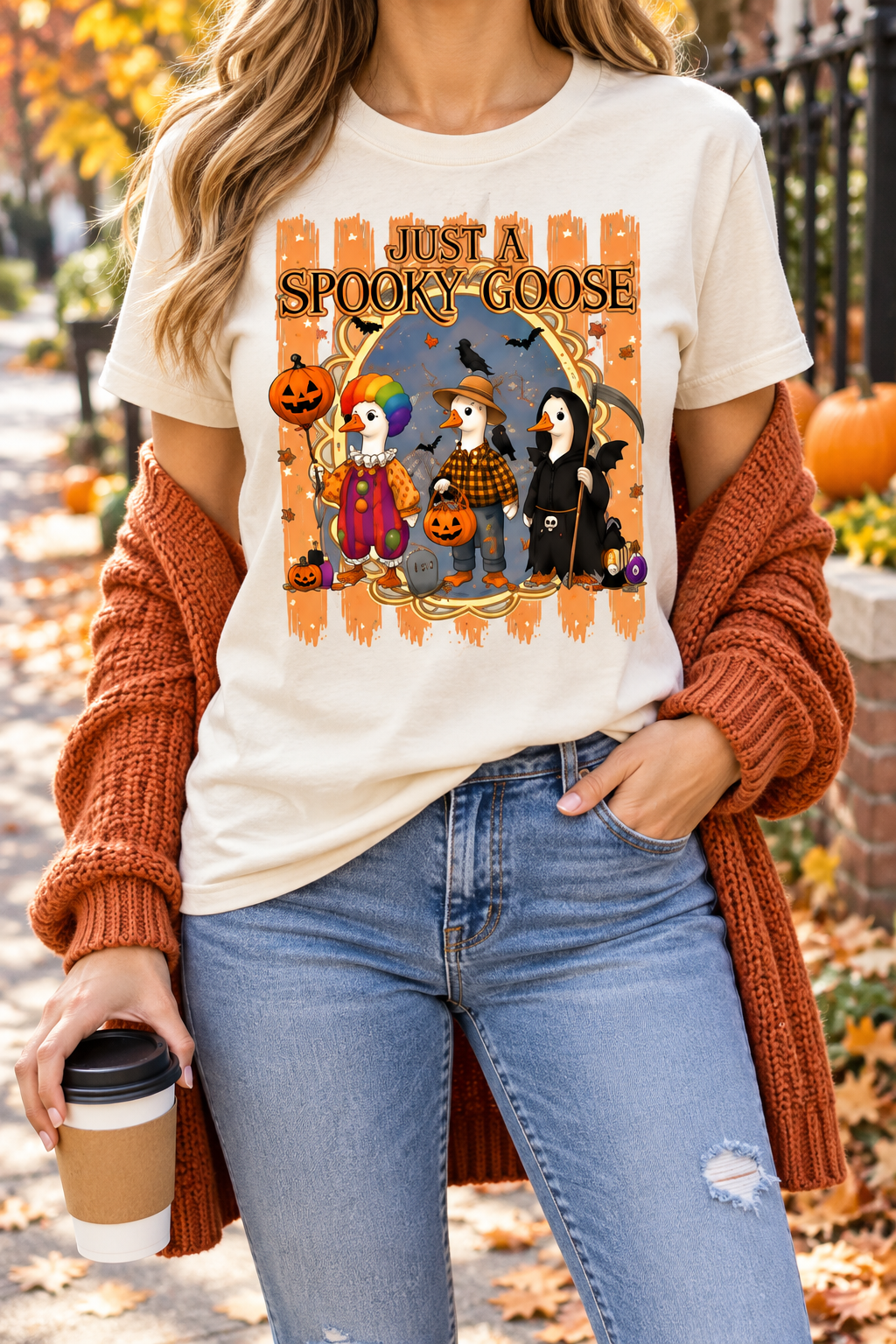 Just a Spooky Goose modeled shirt, cropped below the face
