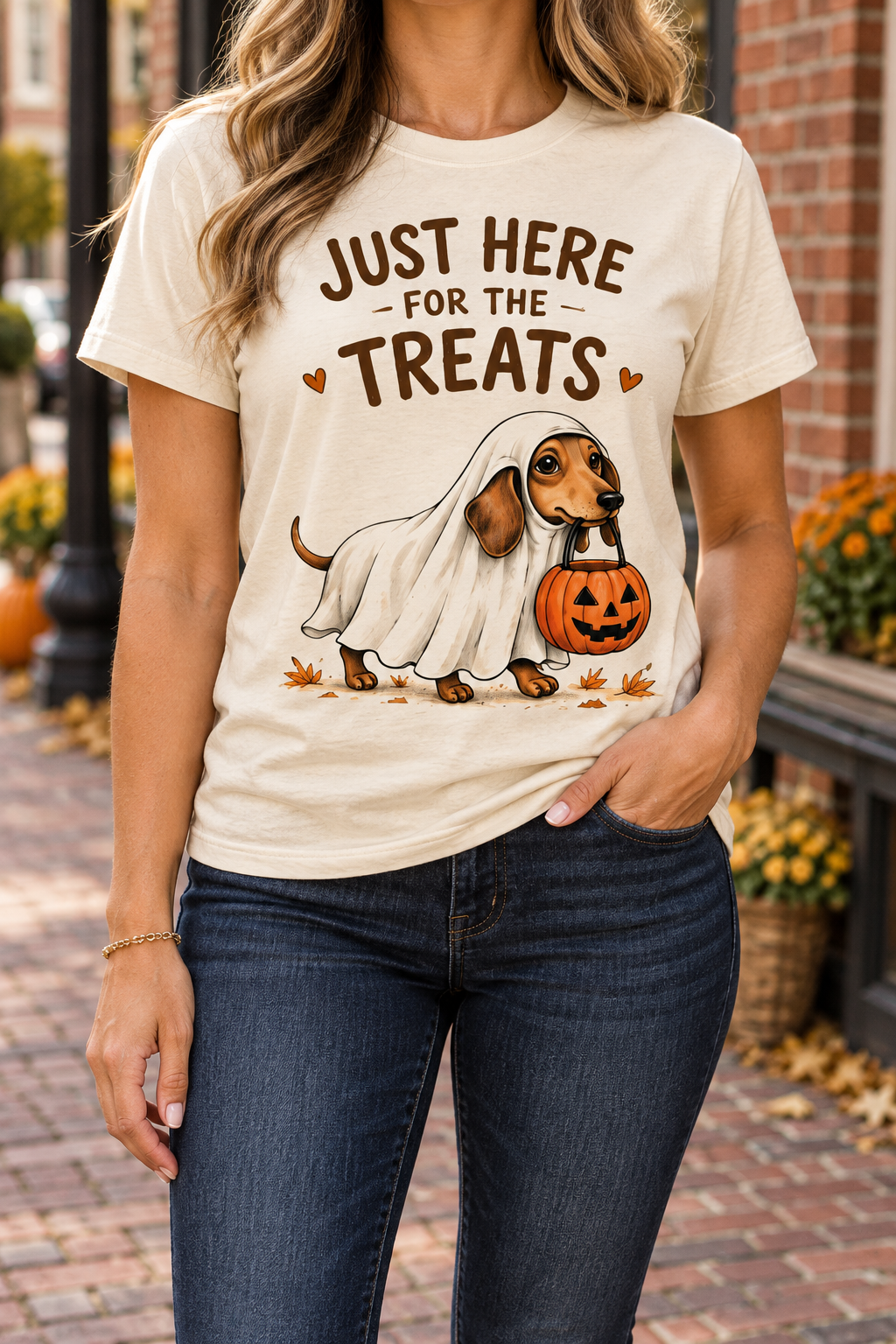 Just Here for the Treats modeled shirt, cropped below the face