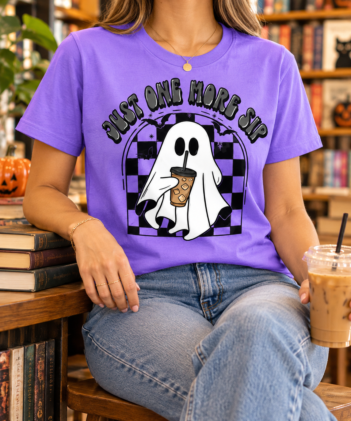 Just One More Sip modeled shirt, cropped below the face