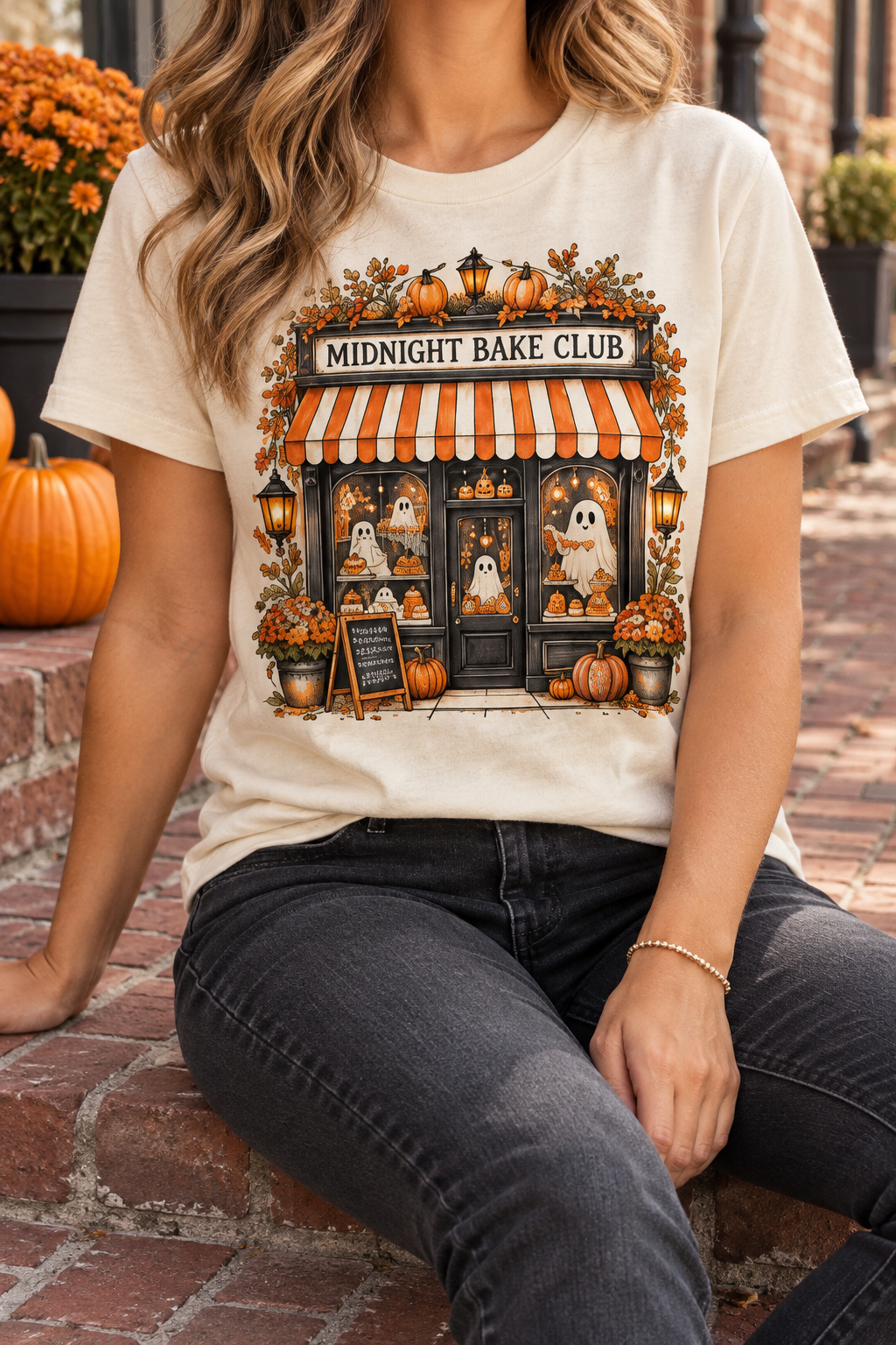 Midnight Bake Club modeled shirt, cropped below the face