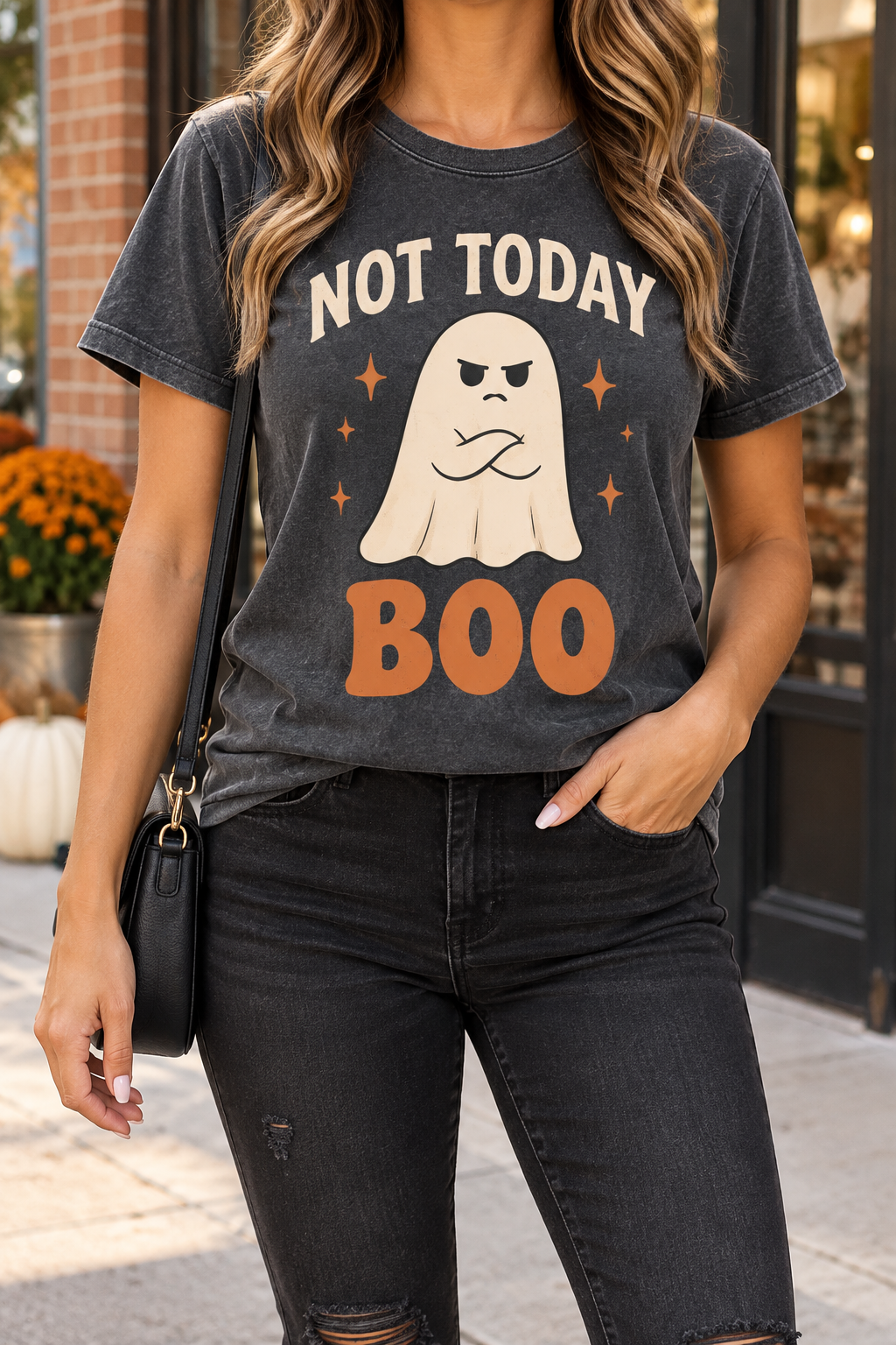Not Today Boo modeled shirt, cropped below the face