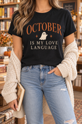 October Is My Love Language modeled shirt, cropped below the face