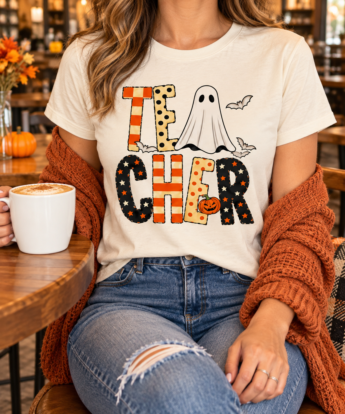 Patchwork Halloween Teacher modeled shirt, cropped below the face