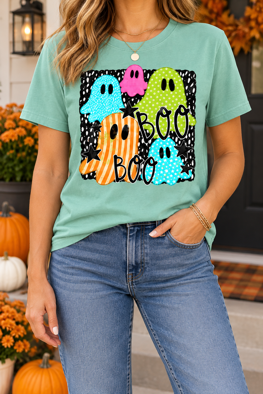 Patterned Boo Ghosts modeled shirt, cropped below the face