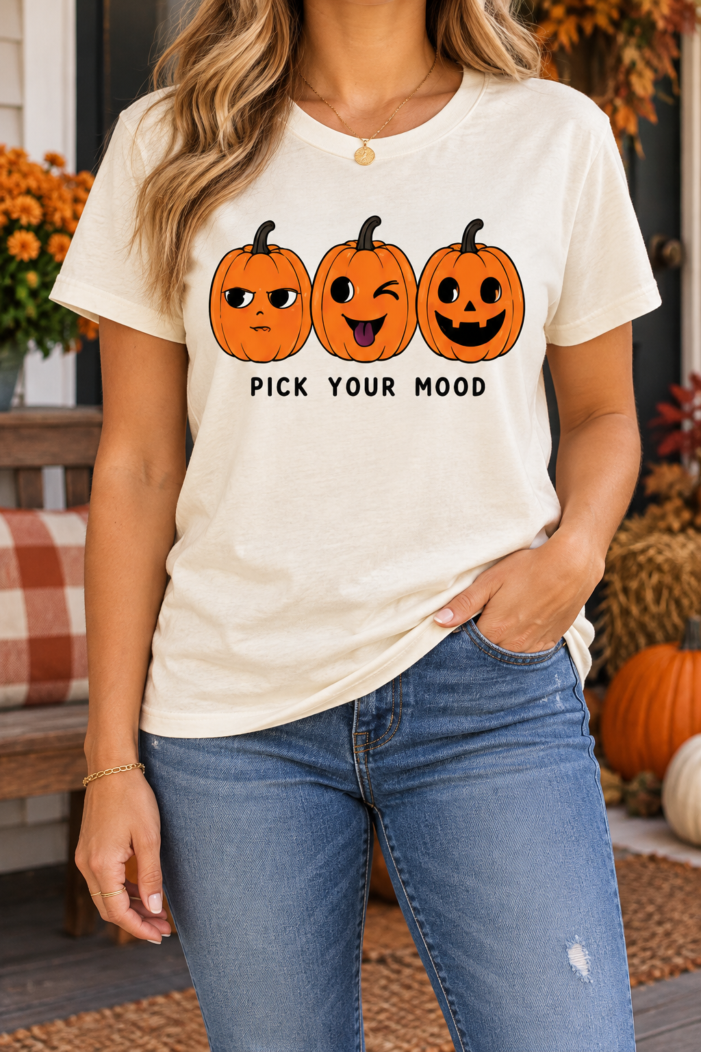 Pick Your Mood Pumpkins modeled shirt, cropped below the face