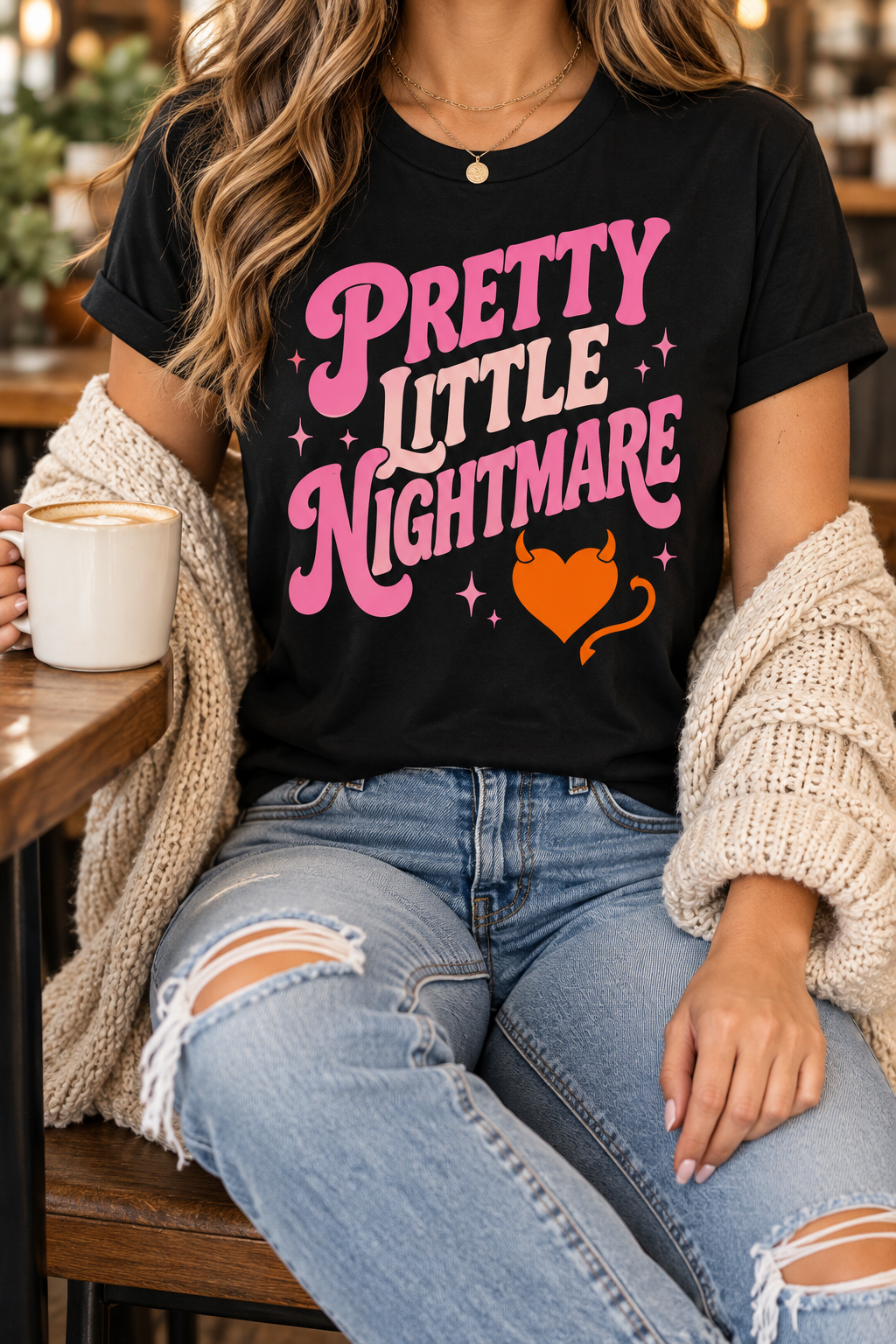 Pretty Little Nightmare modeled shirt, cropped below the face