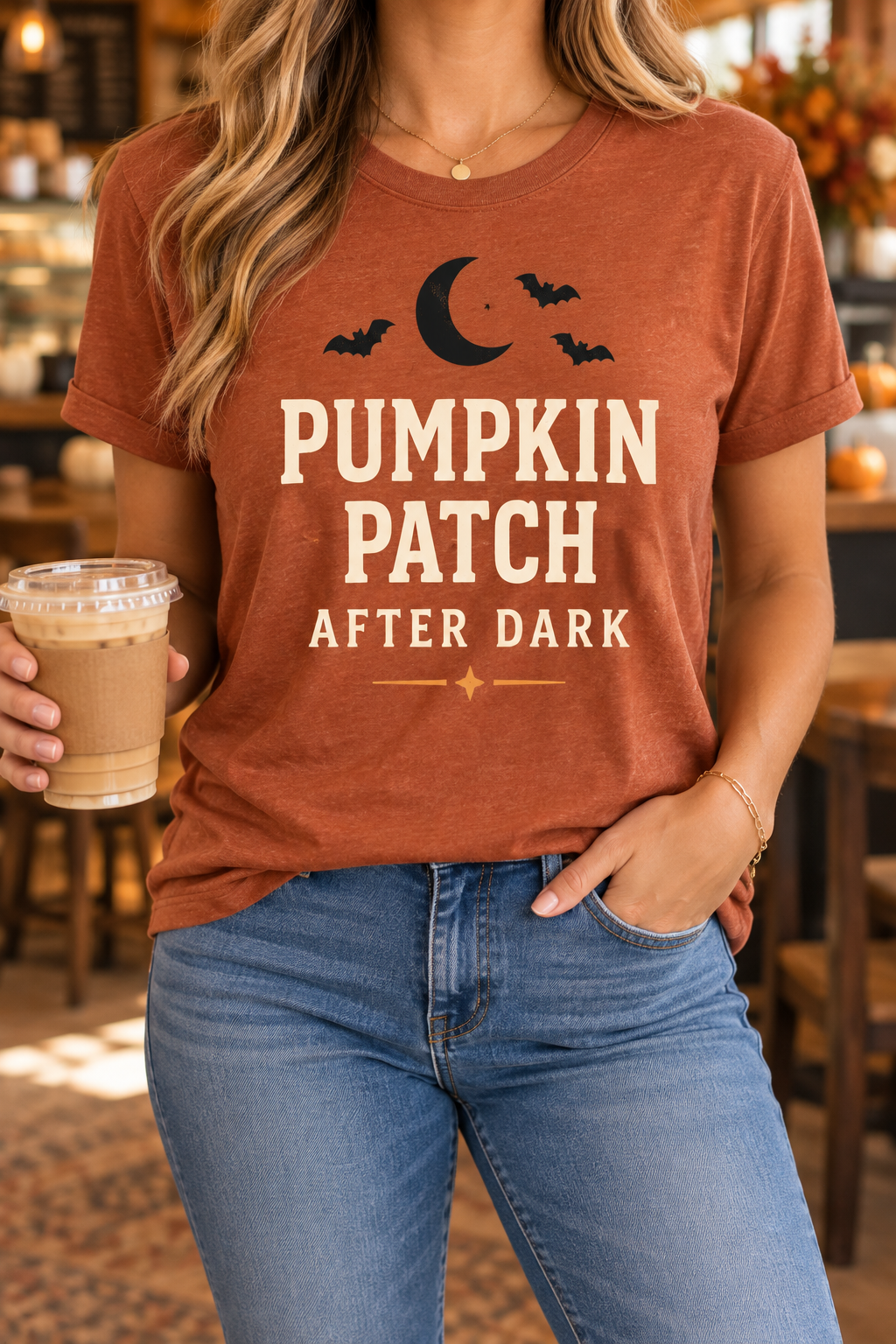 Pumpkin Patch After Dark modeled shirt, cropped below the face