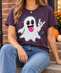 Rock On Ghost modeled shirt, cropped below the face