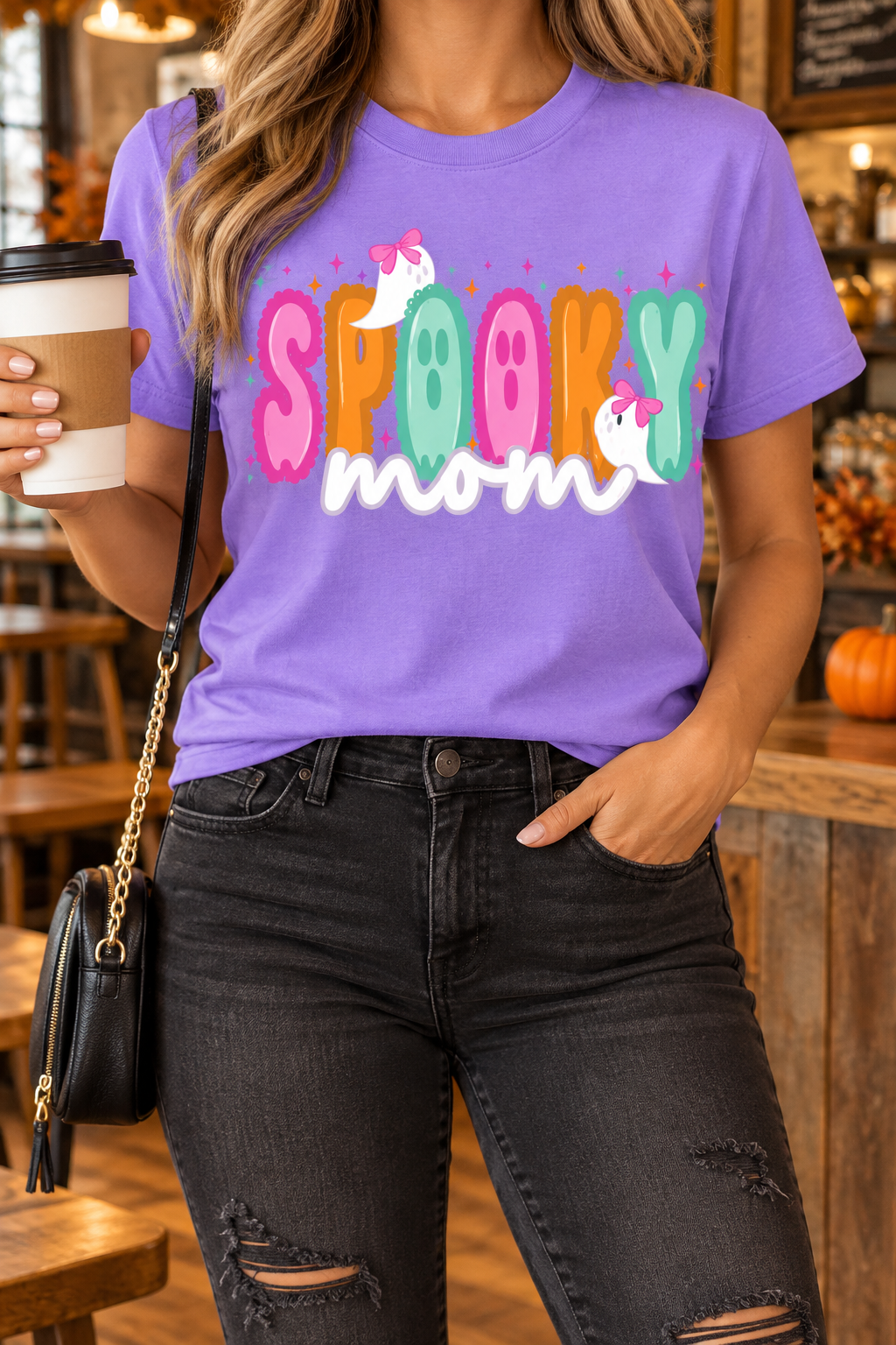 Spooky Mom modeled shirt, cropped below the face