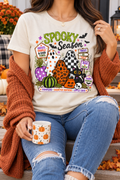 Spooky Season modeled shirt, cropped below the face