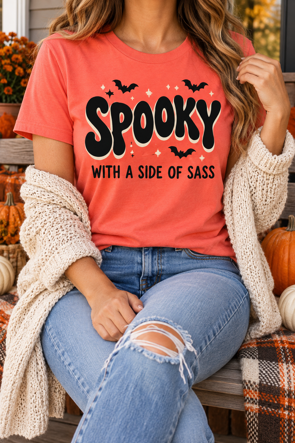 Spooky with a Side of Sass modeled shirt, cropped below the face
