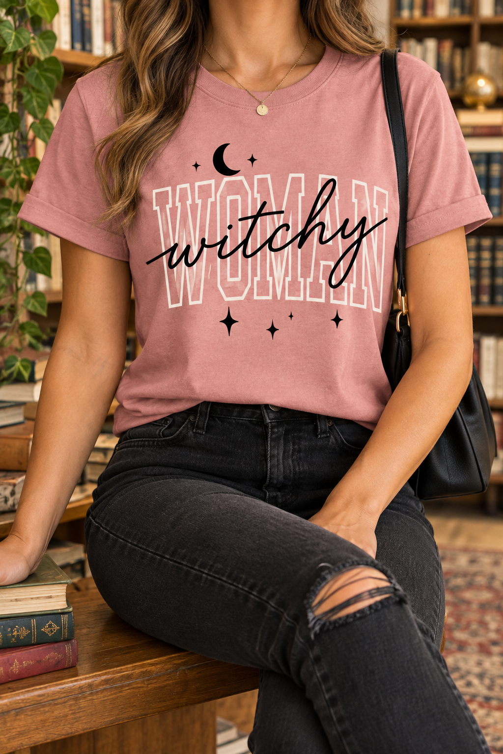 Stay Witchy modeled shirt, cropped below the face