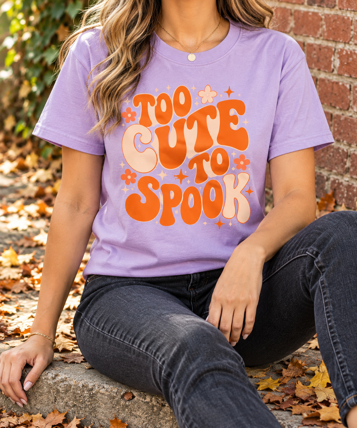 Too Cute to Spook modeled shirt, cropped below the face