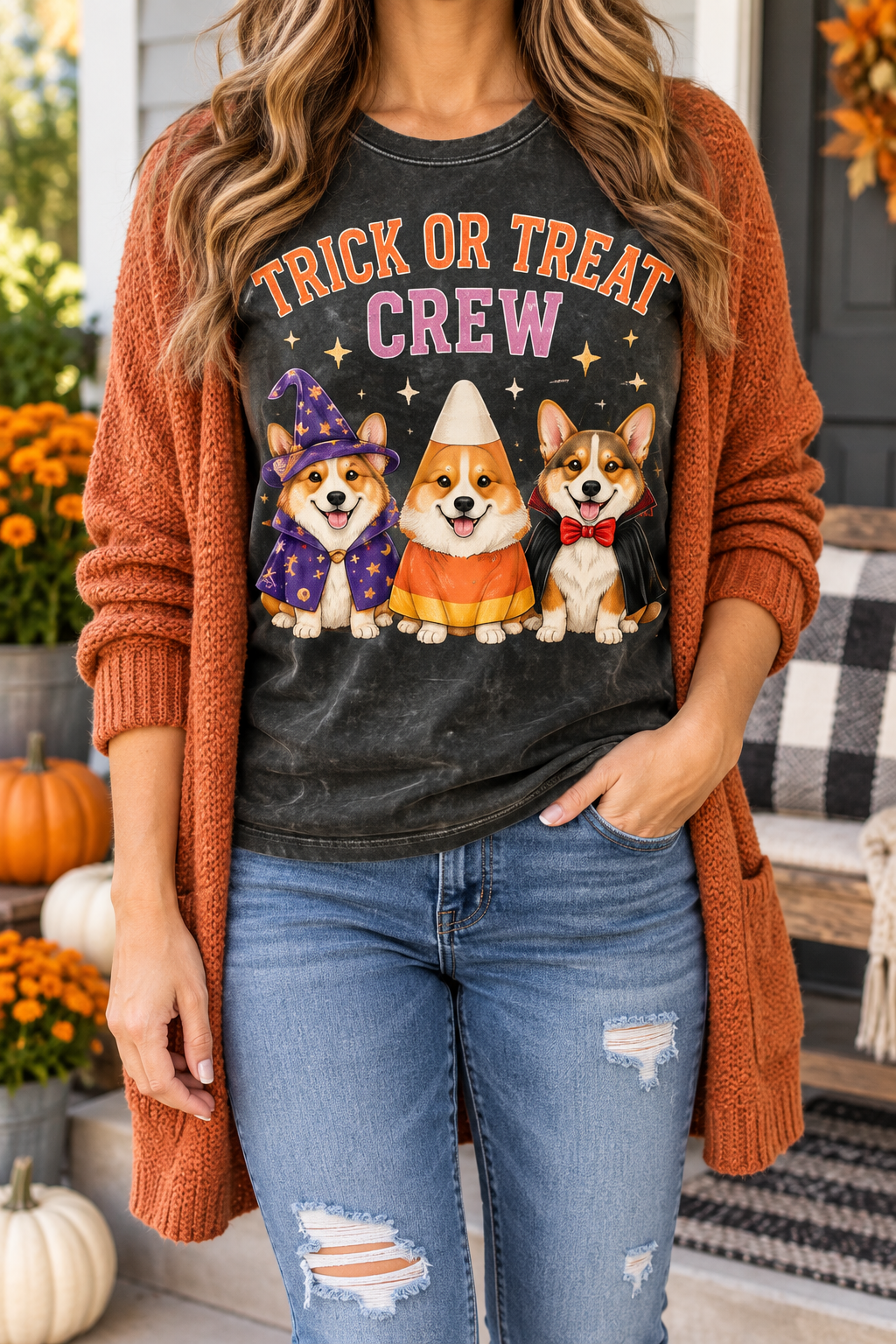 Trick or Treat Corgi Crew modeled shirt, cropped below the face