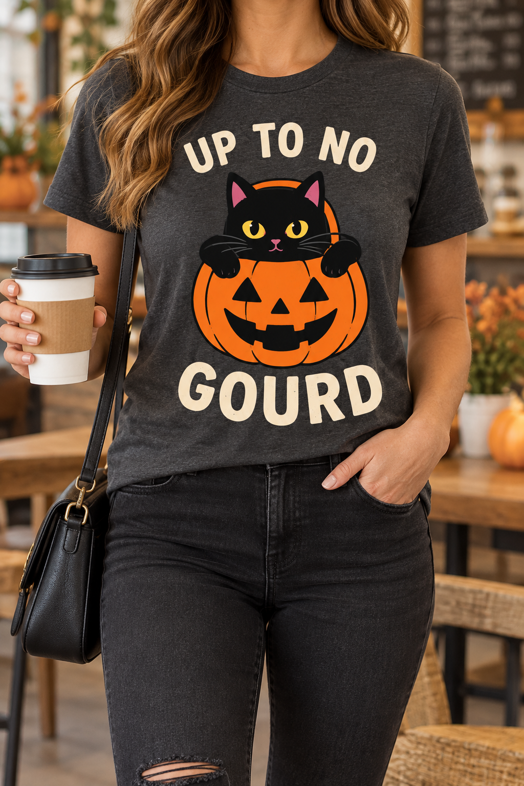 Up to No Gourd modeled shirt, cropped below the face
