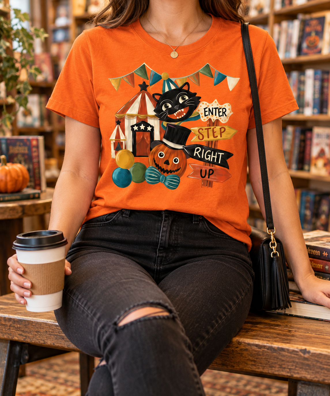 Vintage Halloween Carnival modeled shirt, cropped below the face