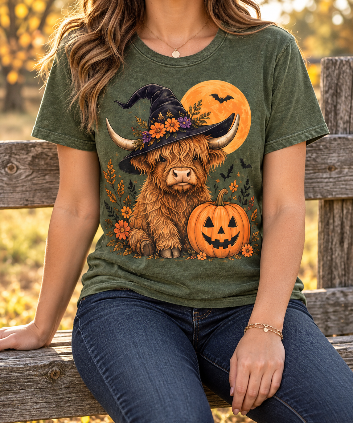 Witchy Highland Cow modeled shirt, cropped below the face