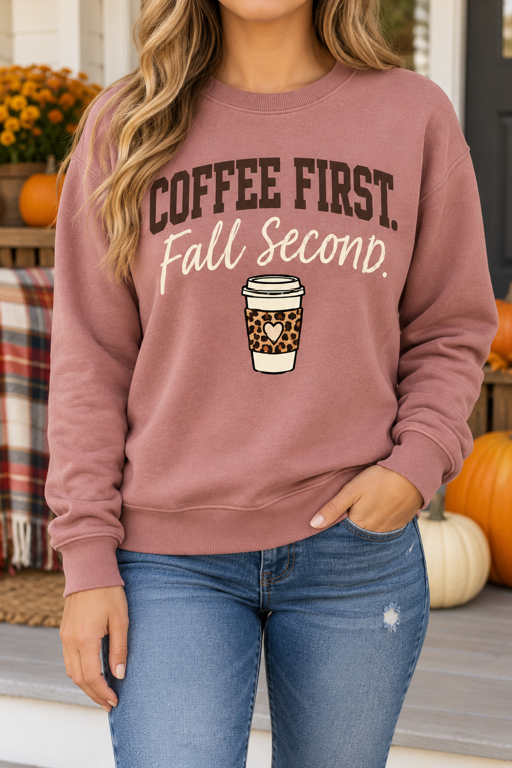 Coffee First, Fall Second boutique modeled mockup