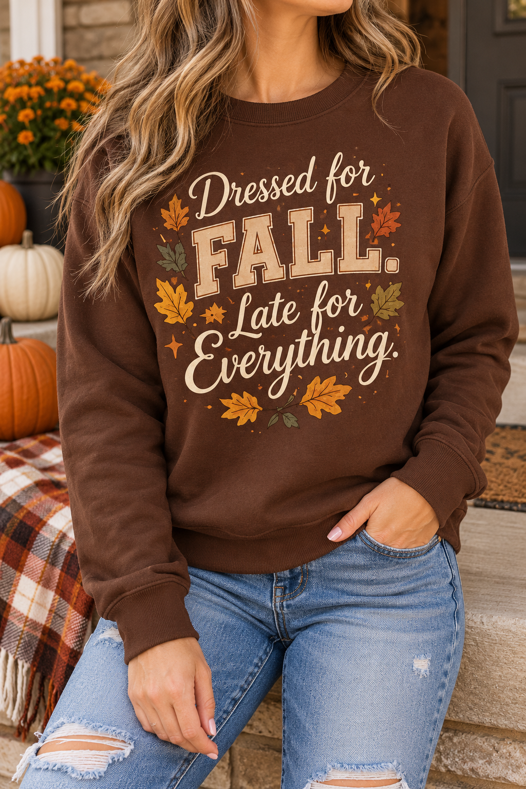 Dressed for Fall, Late for Everything boutique modeled mockup