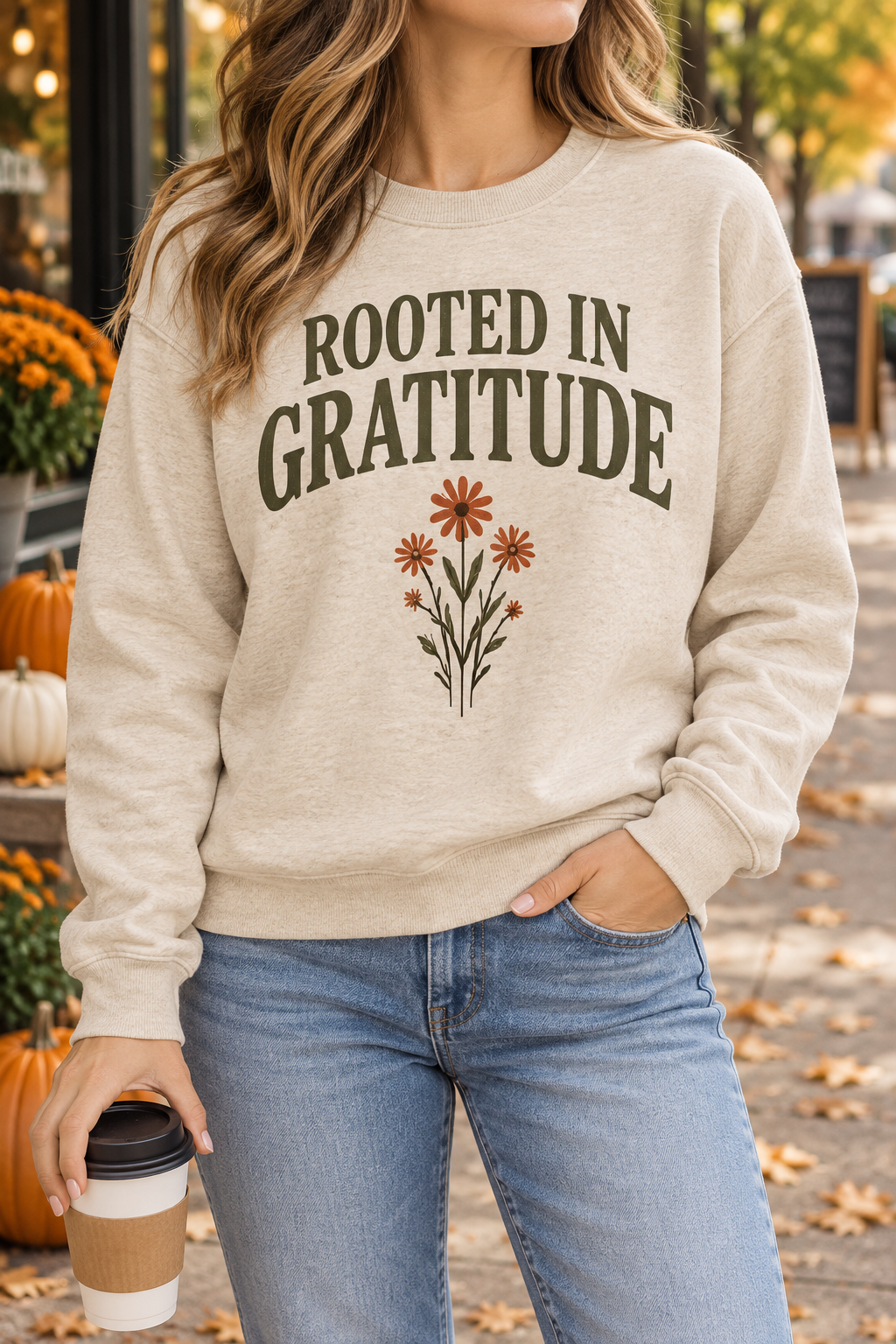 Rooted in Gratitude boutique modeled mockup