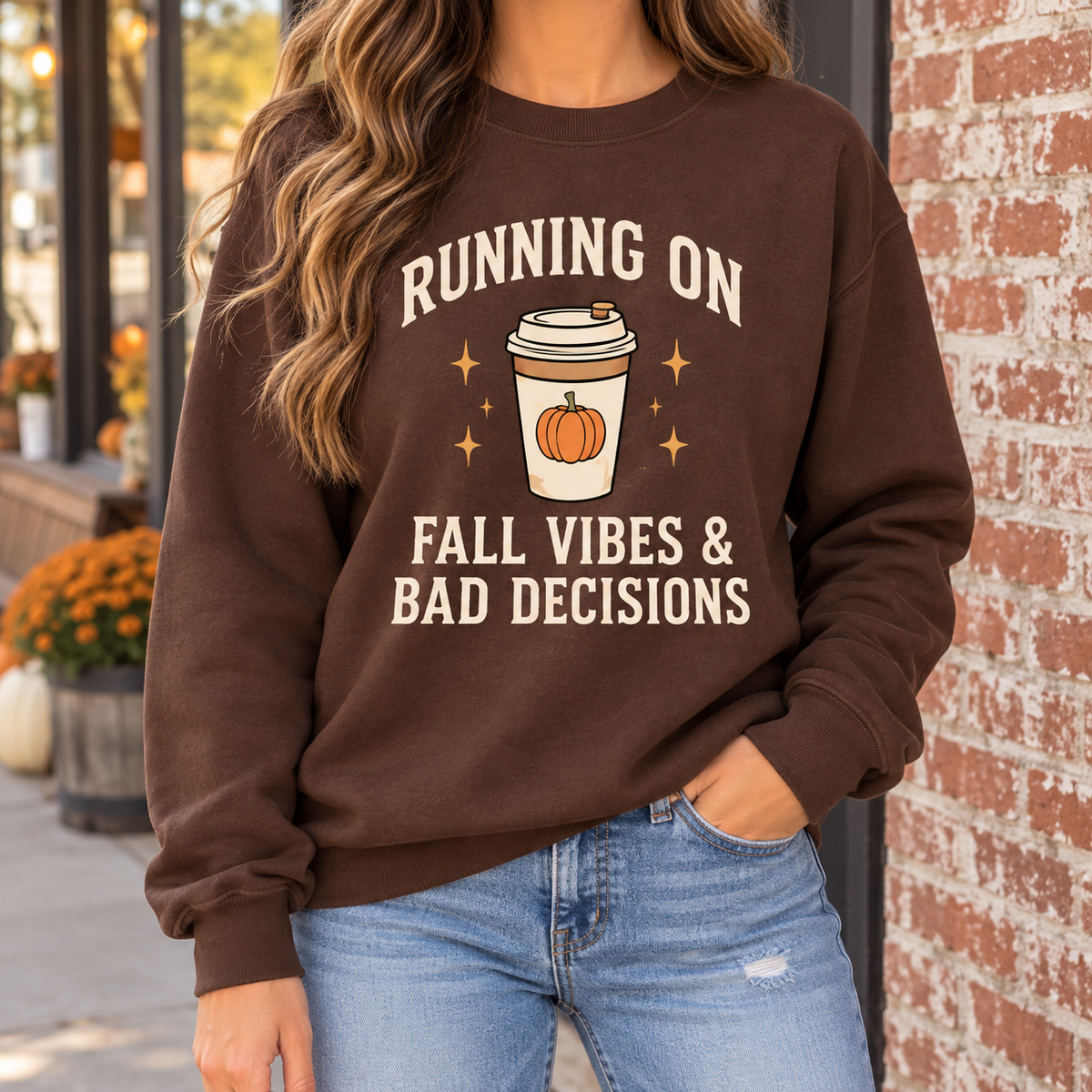 Running on Fall Vibes & Bad Decisions boutique modeled mockup