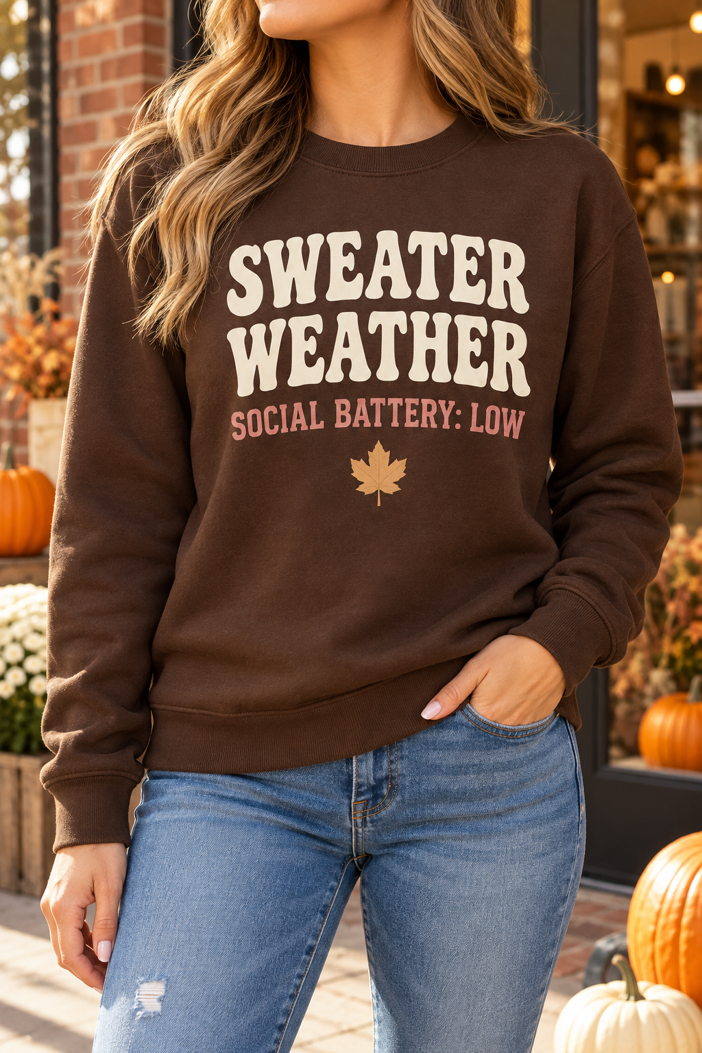 Sweater Weather, Social Battery Low boutique modeled mockup