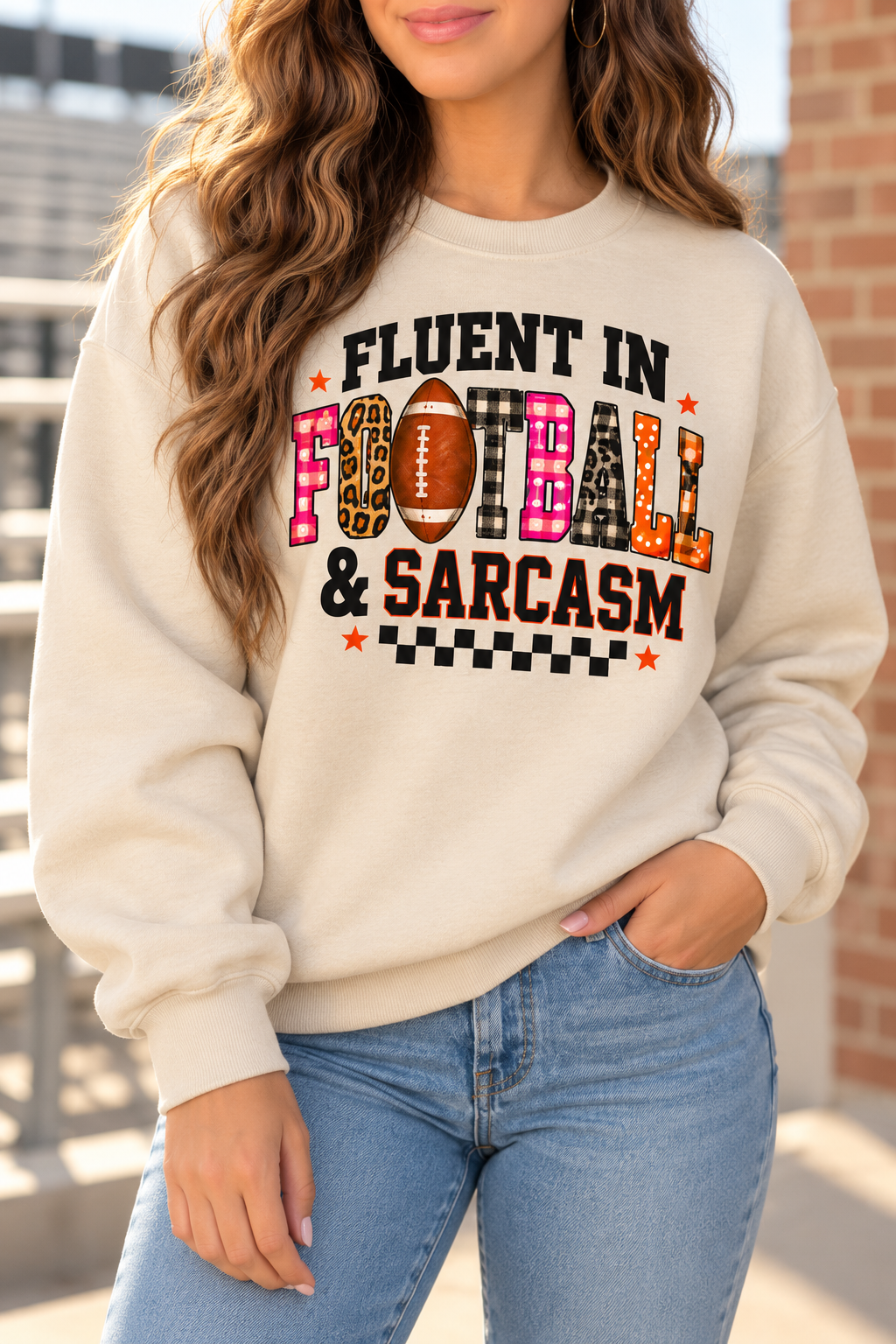Fluent in Football & Sarcasm boutique modeled mockup