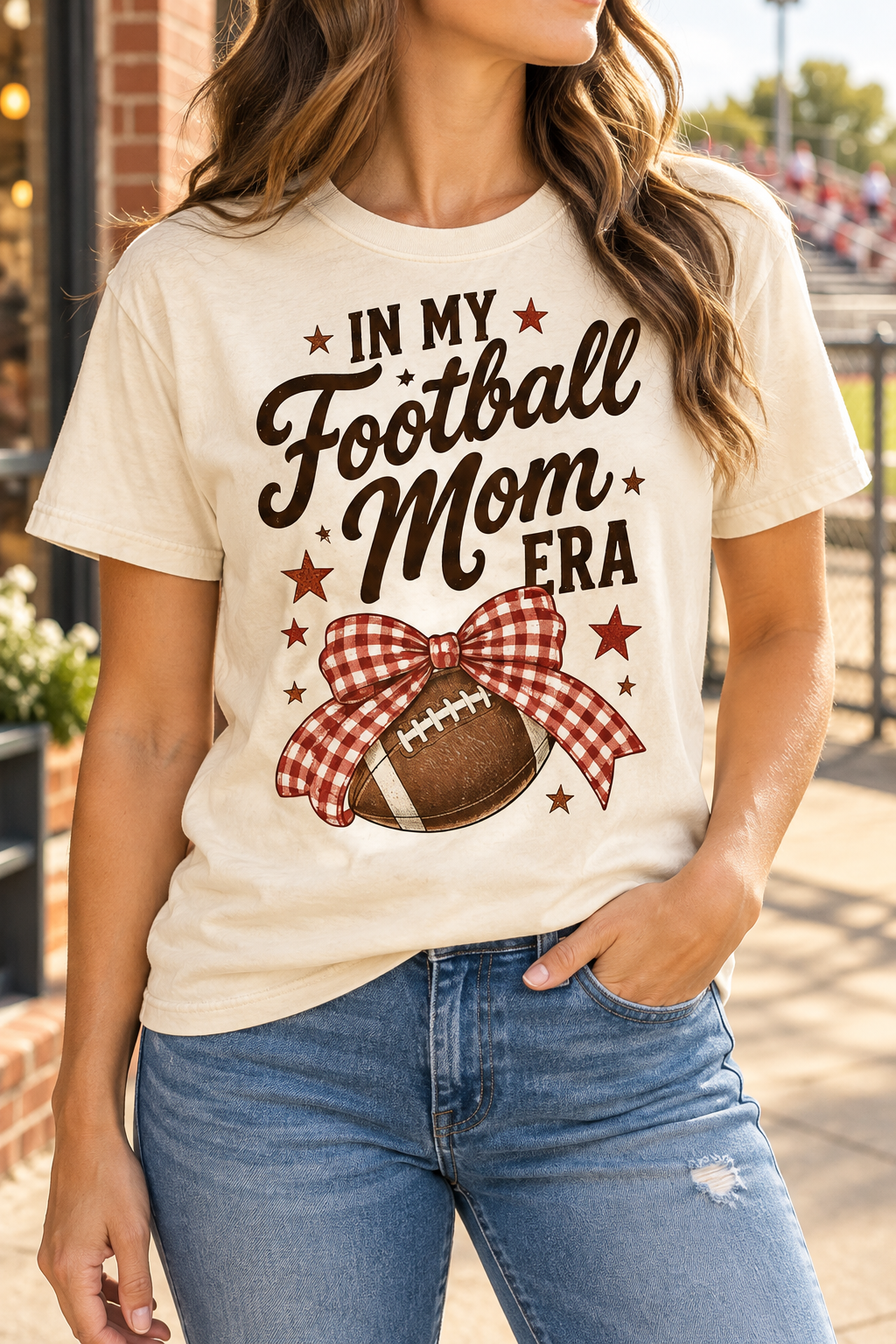 In My Football Mom Era boutique modeled mockup