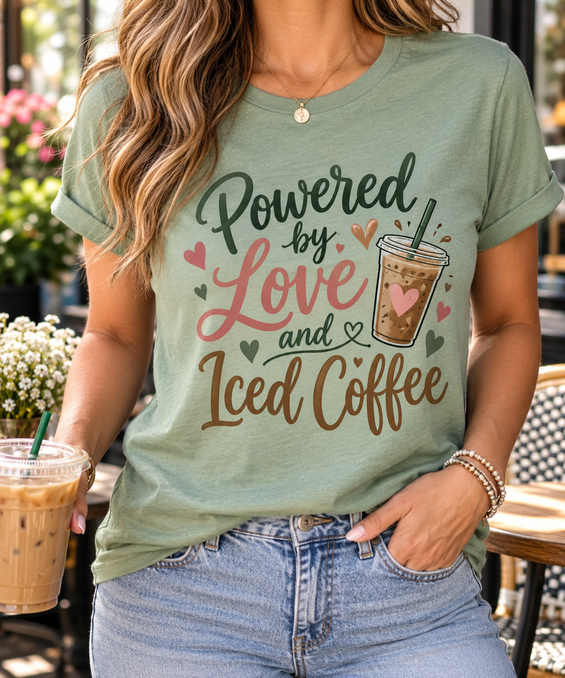 Powered by Love & Iced Coffee boutique modeled mockup