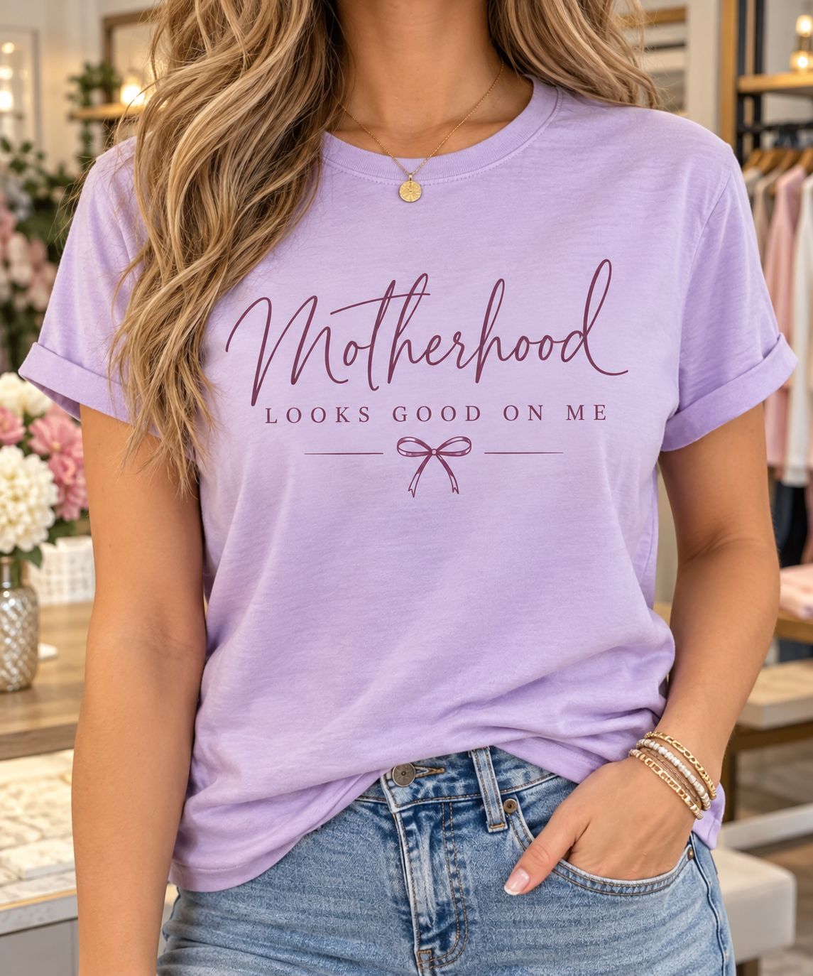 Motherhood Looks Good on Me boutique modeled mockup