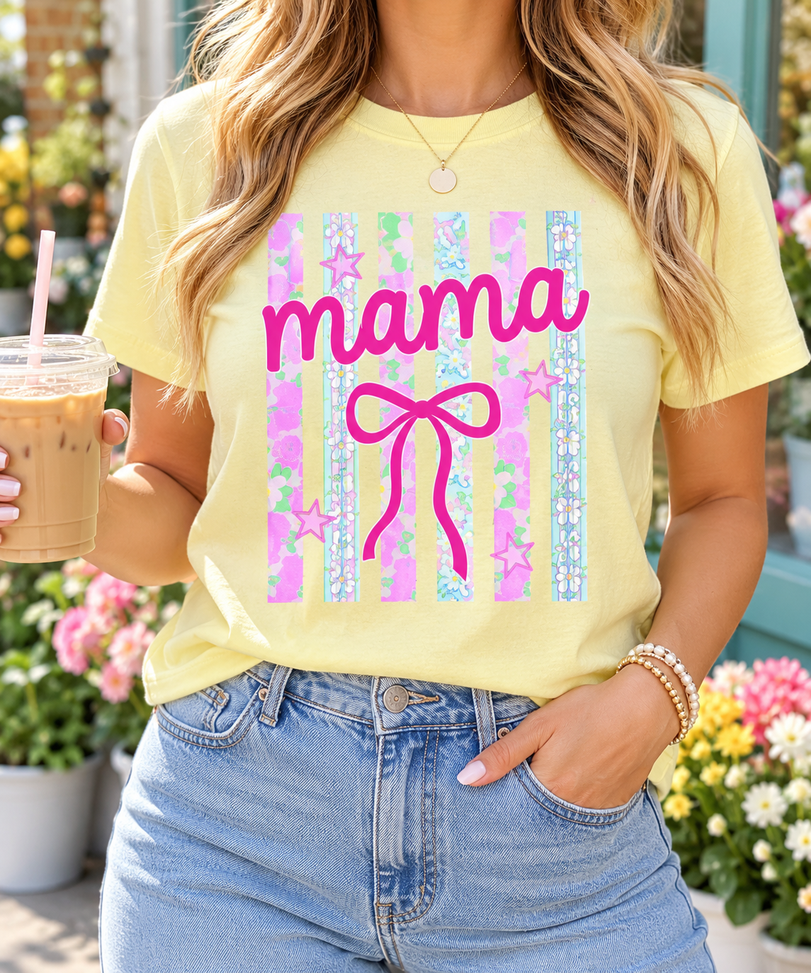Mama: Pastel Stripes & Bow boutique modeled mockup