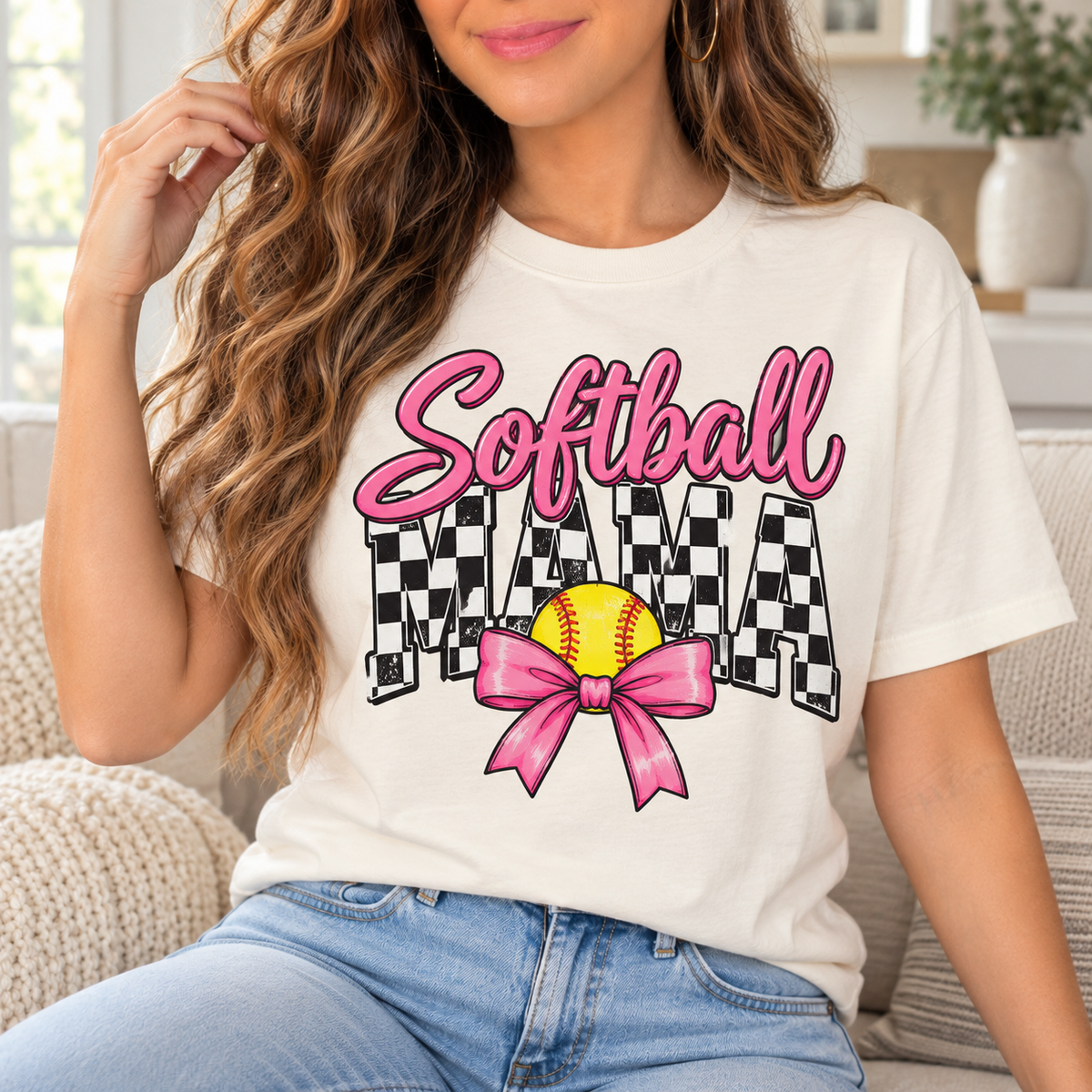 Softball Mama: Checkerboard Bow boutique modeled mockup