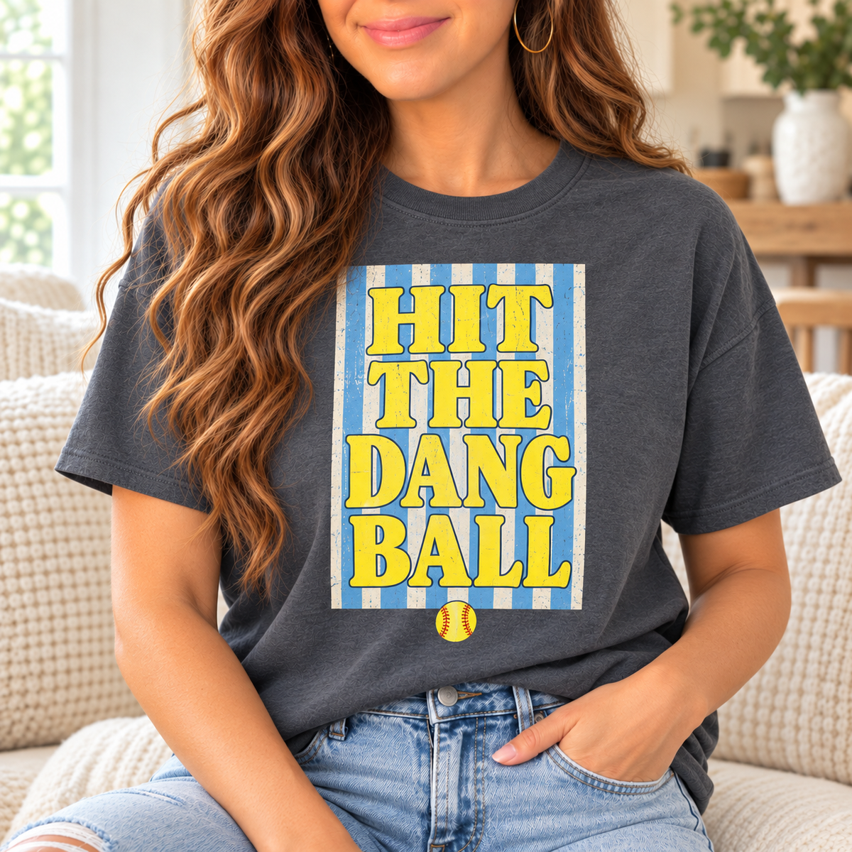 Hit the Dang Ball: Varsity Stripes boutique modeled mockup